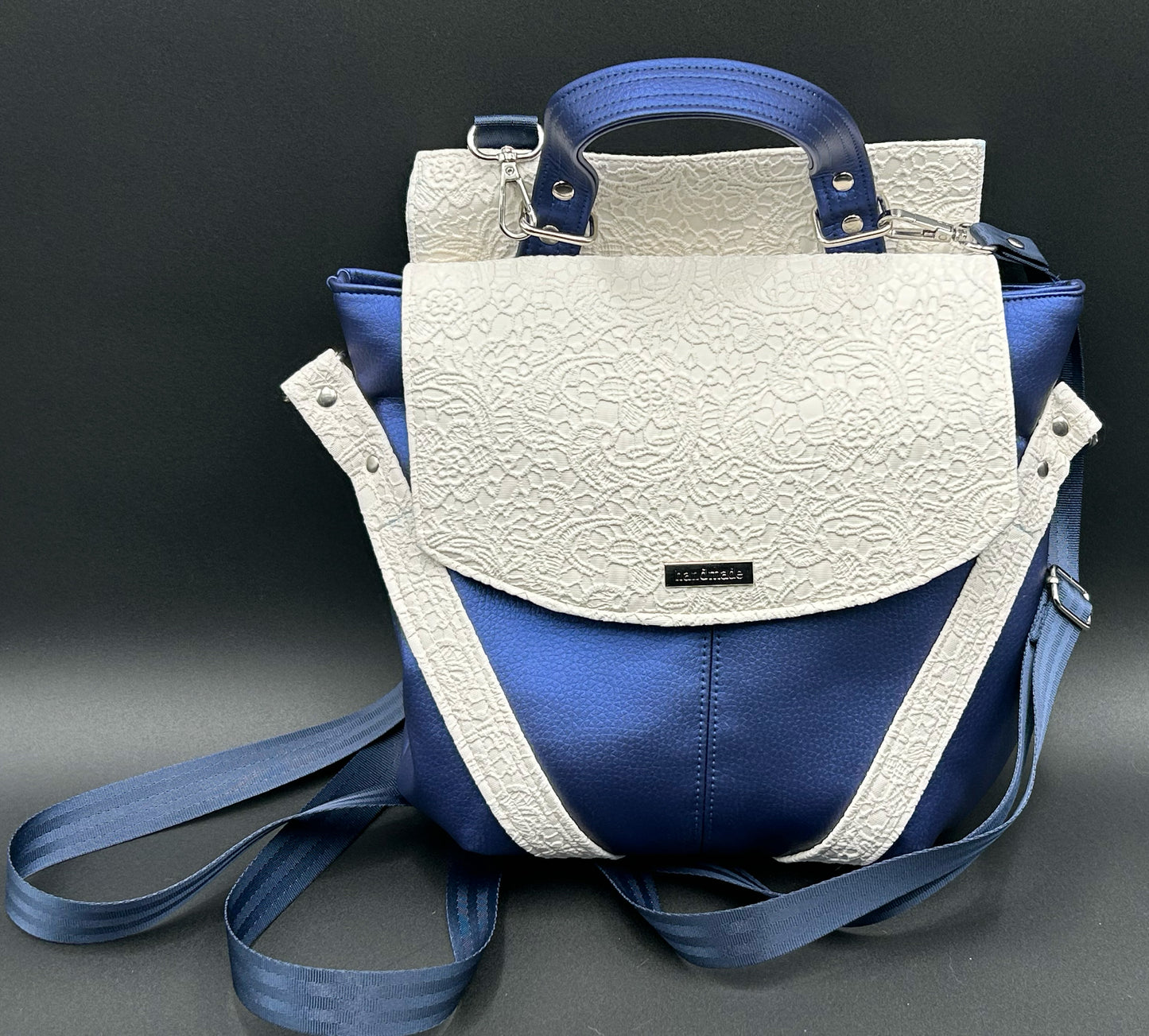 Navy and White Lace Welkin Style Convertible bag
