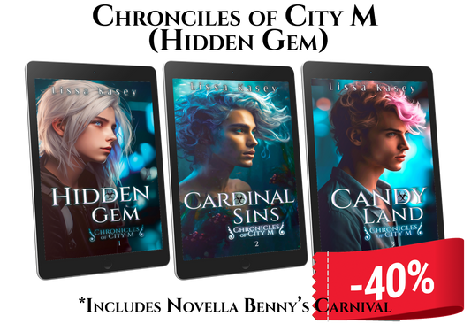 Chronicles of City M Bundle by Lissa Kasey featuring three novels, Hidden Gem, Cardinal Sins, & Candy Land, plus a novella Benny's Carnival